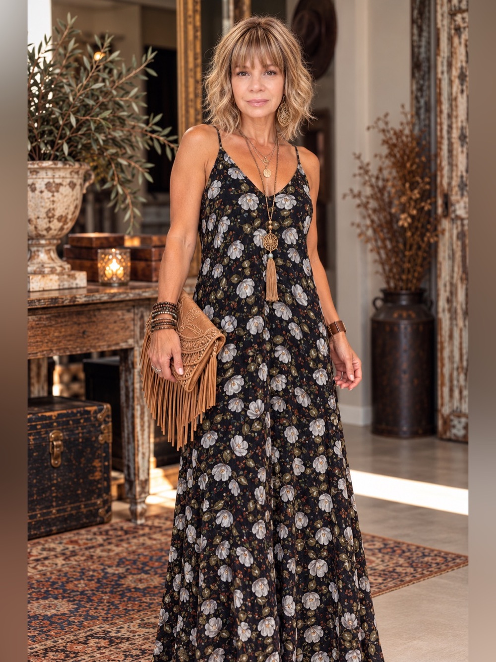 Smell The Roses Spaghetti Strap Floral V Neck Halter Back Maxi Dress Size Small